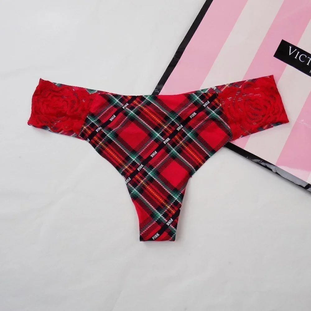 nwt victoria's secret pink plaid logo no show seamless cheeky thong lace
